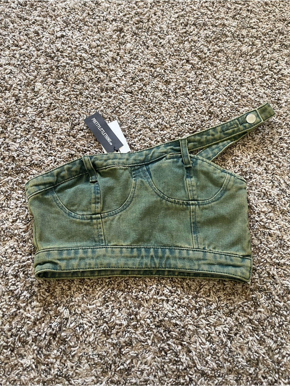 PrettyLittleThing Green Denim Bandeau Top Size 2 Asymmetric‎ Frayed Y2K Corset